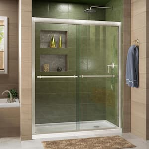 Duet 36 in. D x 60 in. W x 74.75 in. H Semi-Frameless Sliding Shower Door in Brushed Nickel with Right Drain White Base