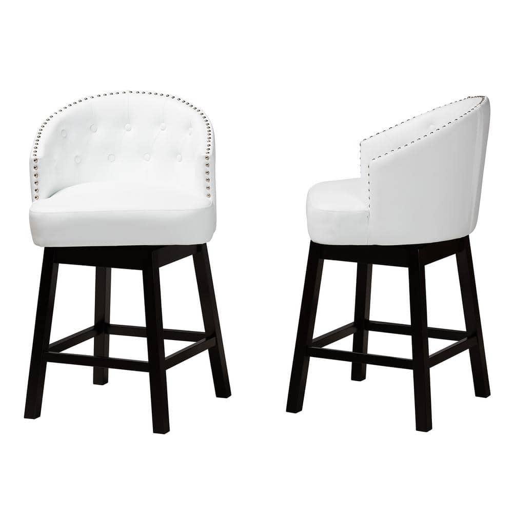 White Faux Leather and Espresso Wood Swivel Counter Stools, Set of 2