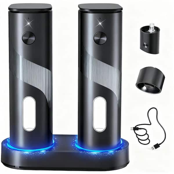 Electric Rechargeable Salt and Pepper Grinder Set, Top-Refill Automatic Pepper Mill Grinder with Charging Base