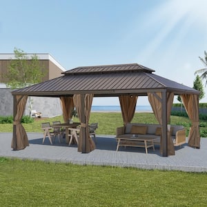 12 ft. x 20 ft. Outdoor Brown Permanent Hardtop Gazebo Canopy with Double Roof Steel Canopy for Patio, Garden, Backyard