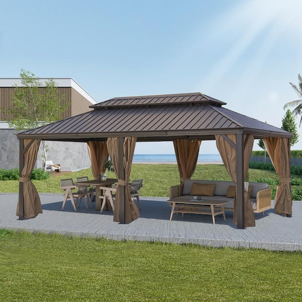 12 ft. x 20 ft. Outdoor Brown Permanent Hardtop Gazebo Canopy with ...