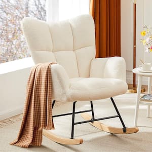 Beige Teddy Upholstered Accent Nursery Rocking Chair with Metal and Wood Legs