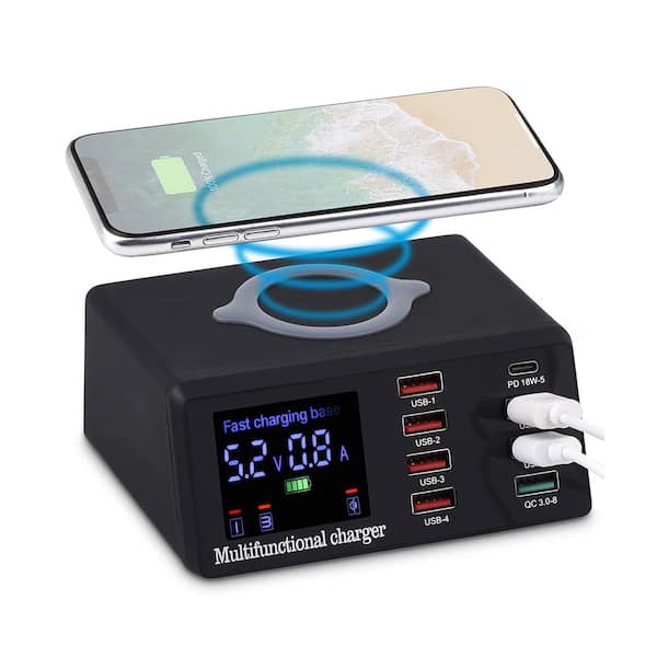 Lukyamzn 8-Port 100-Watt 3.0 USB Fast Charger Charging Station in Black with 15-Watt Max Wireless Charge, QC 3.0 & PD Fast Charge