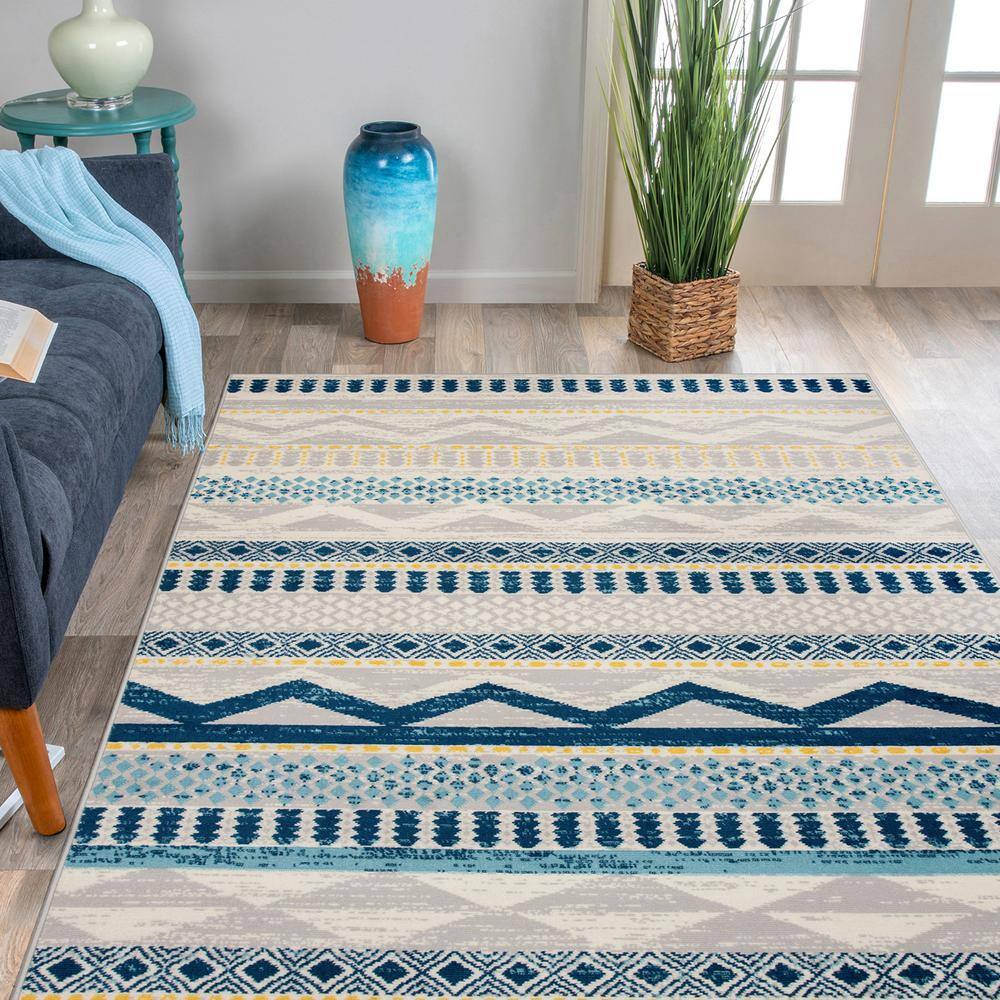 Boho Blue Geometric Tufted Synthetic Area Rug