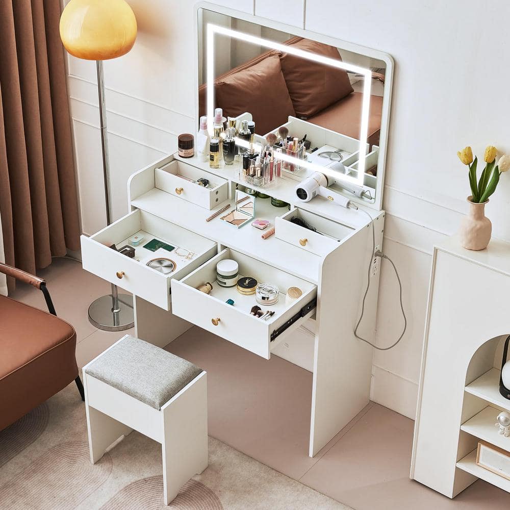 White Wood Vanity Desk with LED Mirror and Storage Bench