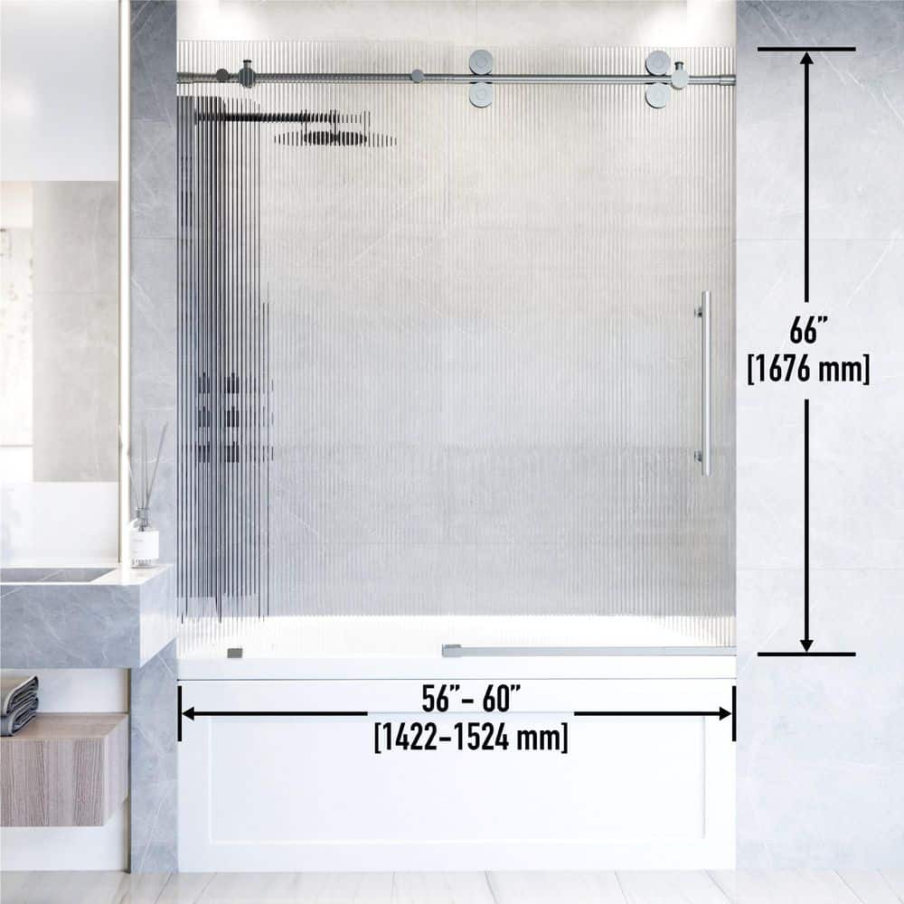 Elan Frameless Sliding Tub Door in Stainless Steel with Fluted Glass