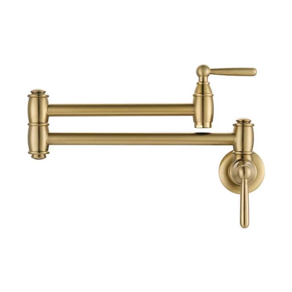 Brass Wall Mount Pot Filler with Brass Valve, 2-Handles, Double Joint Swing Arms and 2-Aerators in Gold