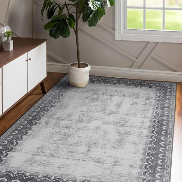 Dardon Bordered Grey 5 ft. x 7 ft. Abstract Washable Area Rug