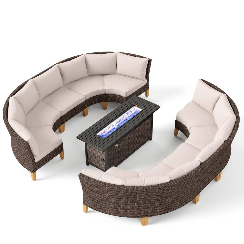 PHI VILLA Brown Rattan Wicker 10Seat 11Piece Steel Outdoor Fire Pit