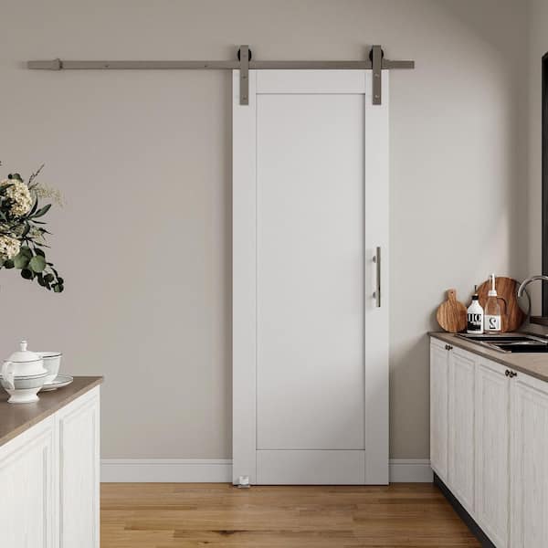 30 in. x 84 in. White 1-Panel Blank Solid Core Composite MDF Primed Sliding Barn Door with Hardware Kit Nickel Plated