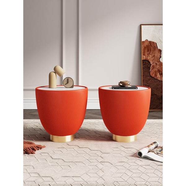 Manhattan Comfort Anderson Modern 18.43 in. Orange Round Faux Marble Top Faux Leather Upholstered End Table (Set of 2)