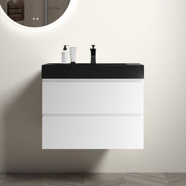 30 in. Single Sink Floating White Bath Vanity with Black Engineered Stone Top (Assembled), Beveled Handle-free