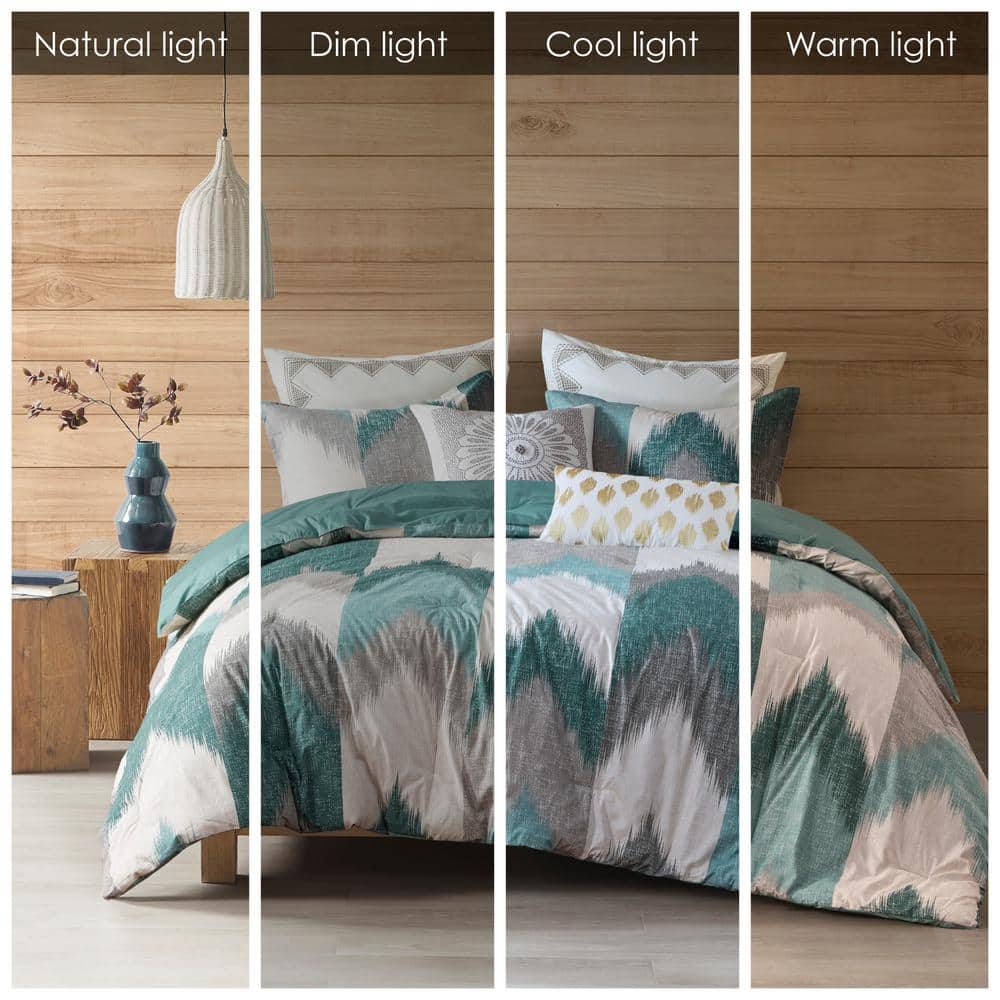 King Aqua Cotton Reversible Ikat Chevron Comforter Set