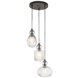 Riviera 3-Light Olde Bronze Transitional Shaded Kitchen Cluster Pendant Hanging Light with Clear Ribbed Glass