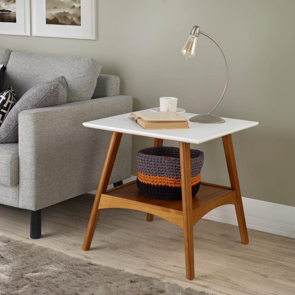 Mid-Century Modern Pine End Table in White and Brown