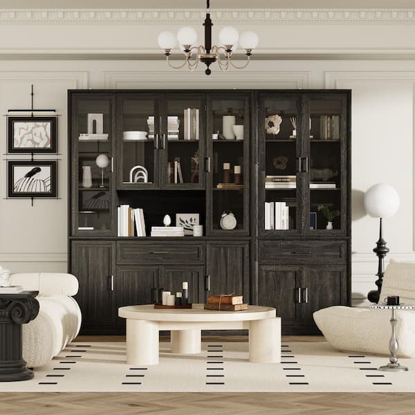 79.9 in. Tall Brown Wood Grain 20-Shelf Standard Bookcase, Storage Cabinet, Sideboard w/ 2-Large Drawer and 6-Glass Door