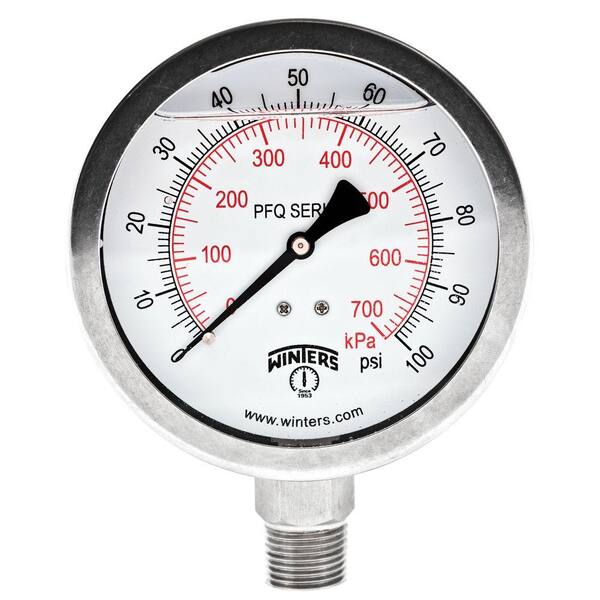Winters Instruments PFQ Series 4 in. Stainless Steel Liquid Filled Case Pressure Gauge with 1/2 in. NPT LM and Range of 0-100 psi/kPa