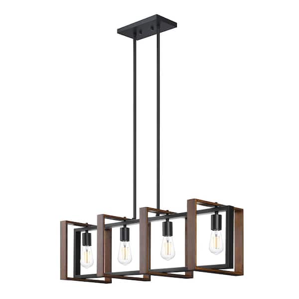 60 -Watt 4 Light Dining Room Shaded Pendant Light with Rustic Wood and Black Mental Finish Shade, No Bulbs Included