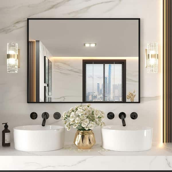 KIOTEE 48 in. W x 36 in. H Rectangular Framed French Cleat Wall Mounted Tempered Glass Bathroom Vanity Mirror in Matte Black