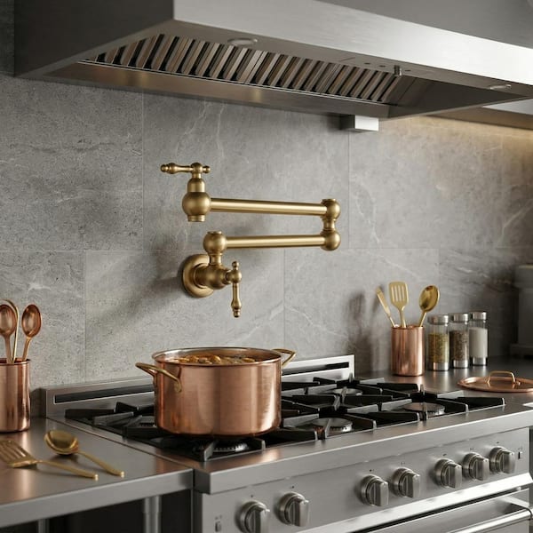 Wall Mount Pot Filler with Double Handle in Gold