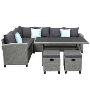 Gray 5-Piece Wicker Outdoor Dining Set with Gray Cushions