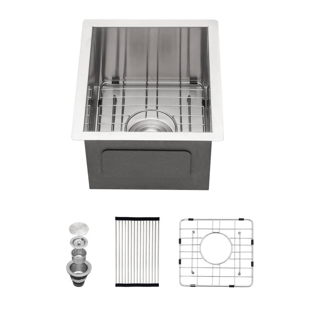 Bar Sink 18-Gauge Stainless Steel 13 in. Single Bowl Zero Radius Corner Undermount Kitchen Sink with Bottom Grid, Stainless steel brushed