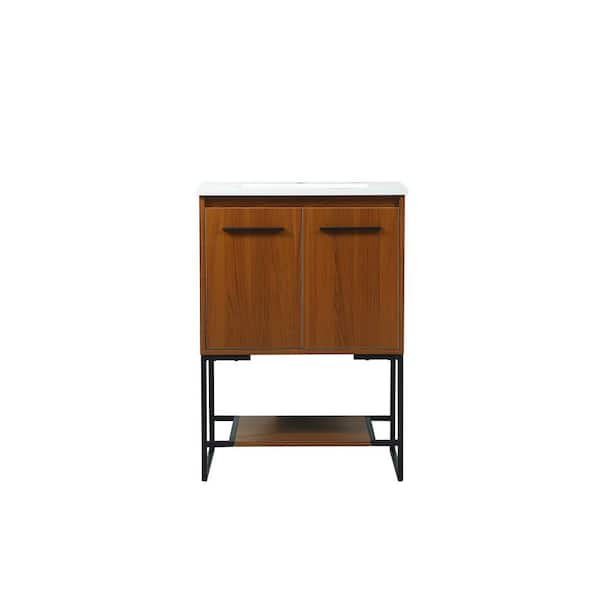 Unbranded Simply Living 24 in. Single Bathroom Vanity in Teak with Engineered Marble Vanity Top in Ivory White