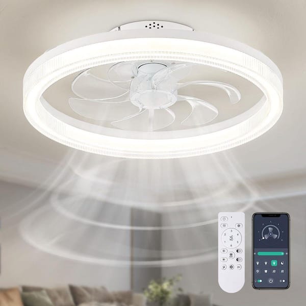 20 in. Modern Indoor White Round Flush Mount Bladeless Ceiling Fan with Integrated LED Light and Remote/App Control
