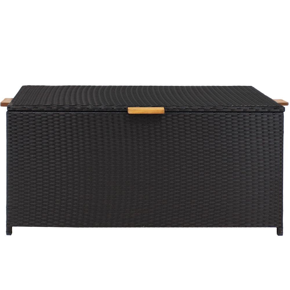 Black Resin Wicker 75-Gallon Deck Storage Box with Acacia Handles