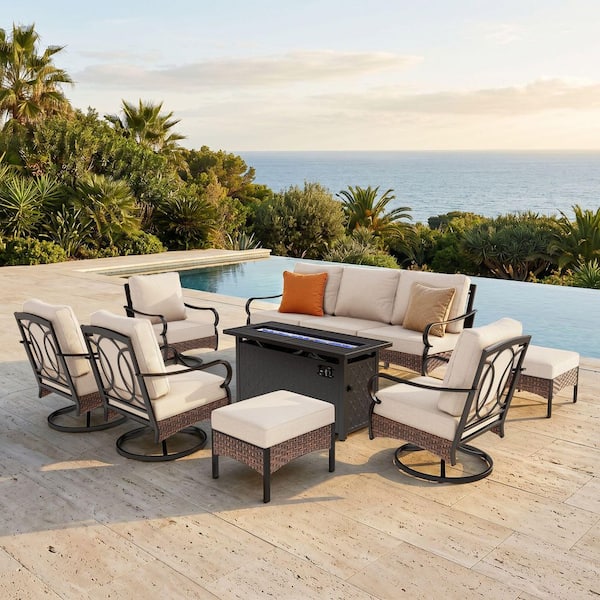 PHI VILLA Rattan 9 Seat 8-Piece Outdoor Patio Metal Conversation Set with Beige Cushions, Swivel Chairs and Fire Pit Table