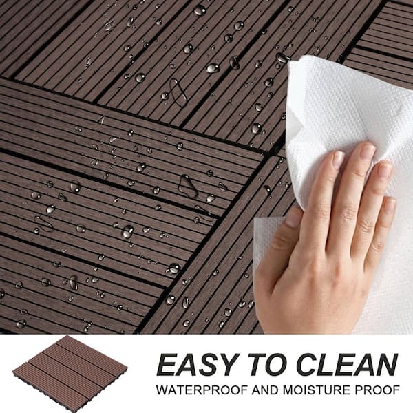 GOGEXX 11.8 in.Wx11.8 in.L Outdoor Striped Pattern WPC Composite Interlocking Flooring Deck Tiles (20 Per Box), Light Coffee