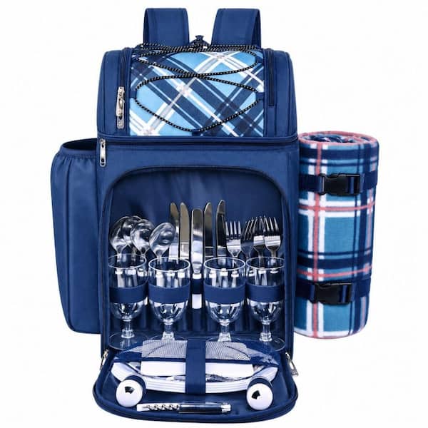 Polyester 4-Person Picnic Backpack Set with Insulated Leakproof Compartments Wine Holder, Fleece Blanket, Cutlery, Blue