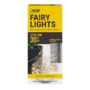 100-Light 30 ft. Battery Operated Mini LED Indoor/Outdoor Silver Wire Warm White Fairy String Light with Remote