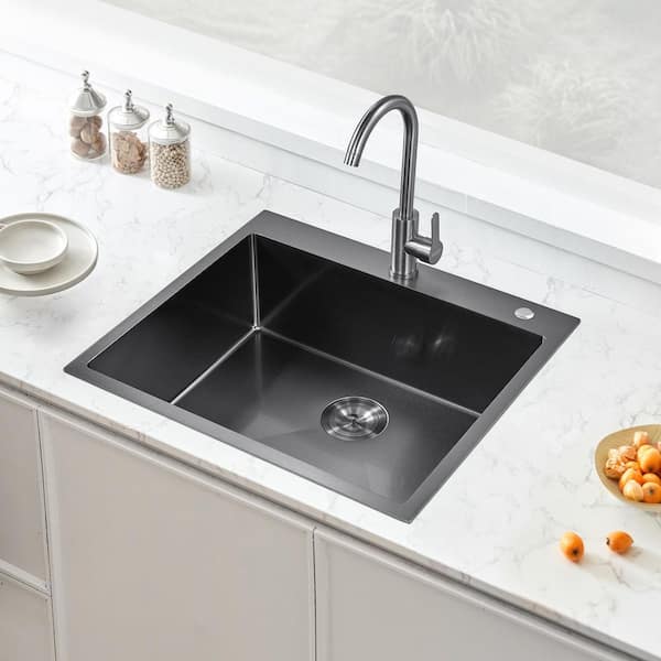 25 in. Kitchen Sink Workstation, 304 Stainless Steel Top Mount Sinks, Drop-In Single Bowl Farmhouse Basin, Accessories
