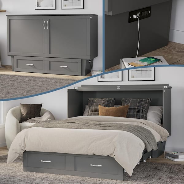 AFI Chelsea Queen Grey Wood Murphy Bed Chest with Mattress, Storage & Built-in Charging