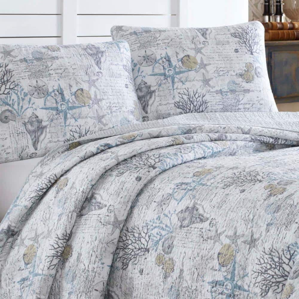 Coastal Breeze Gray King Cotton Quilt Set with Reversible Design