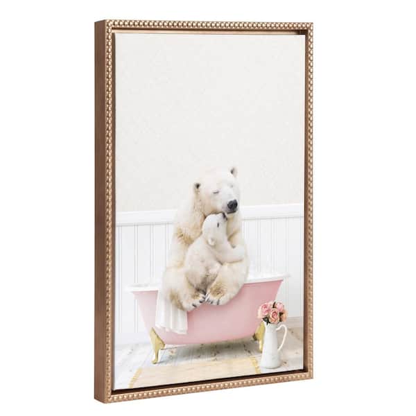 Sylvie Mother and Baby Polar Bear in Cottage Rose Bath 1-Piece Gold Framed Canvas Art Print, 18.00 in. x 24.00 in.