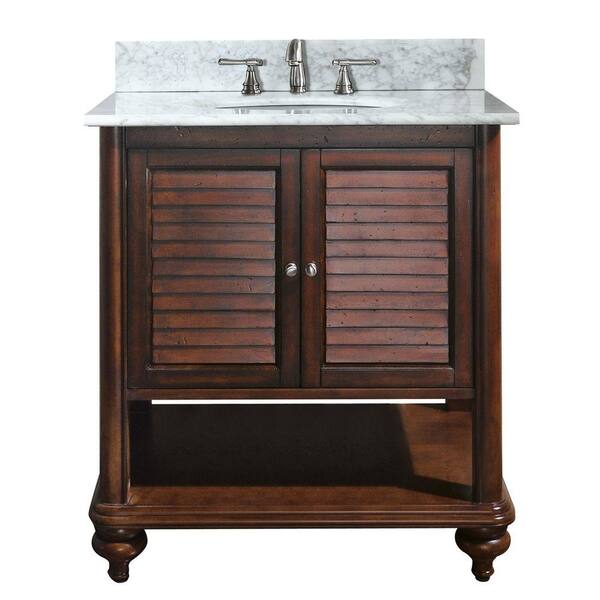 Avanity Tropica 31 in. W x 22 in. D x 35 in. H Vanity in Antique Brown with Marble Vanity Top in Carrera White and White Basin