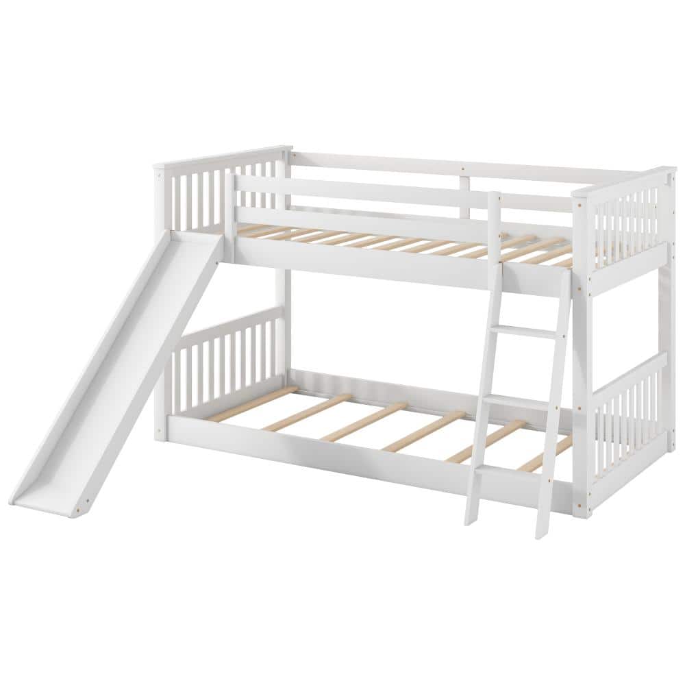 Nestfair White Wood Twin over Twin Bunk Bed with Convertible Slide and ...