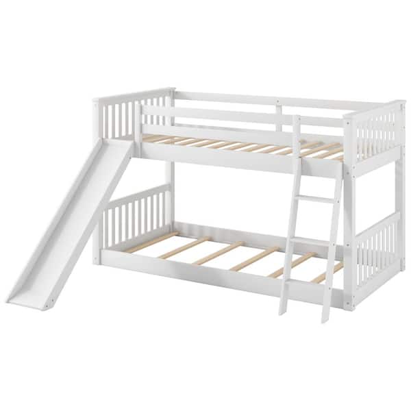 Nestfair White Wood Twin over Twin Bunk Bed with Convertible Slide and ...