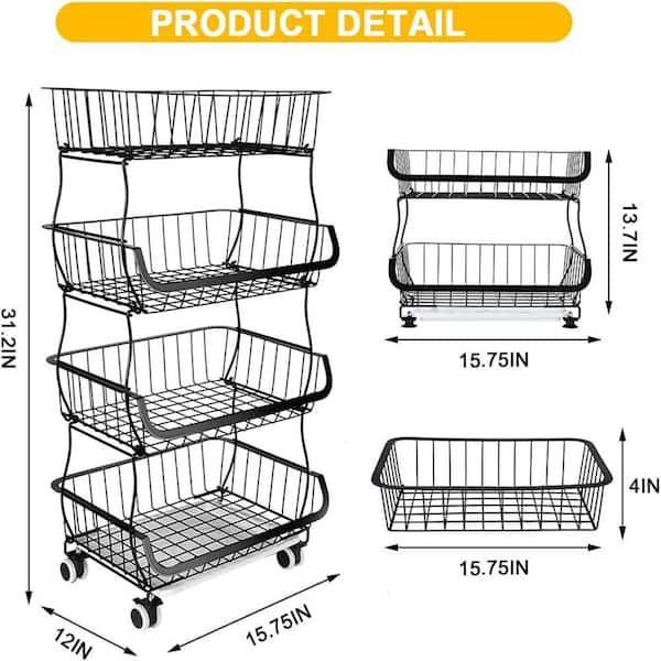 Werseon 4 Tier Fruit Vegetable Storage Basket, Fruit Vegetable Cart with  Solid Wood, Kitchen Storage Rack with Rollers for Pantry