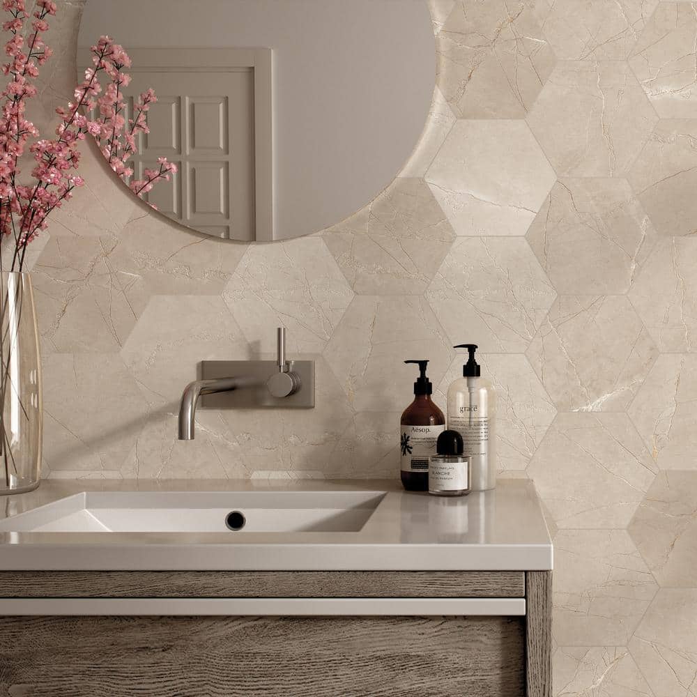 Beige Hexagon Porcelain Wall and Floor Tile 7.7" x 8.9"