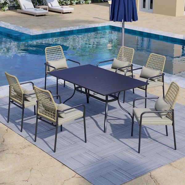 Anmutig 7-Piece Metal Outdoor Dining Set with Gray Cushion and Pillow