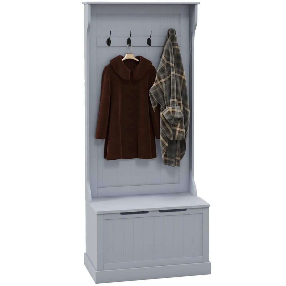 28.25 in. W x 15.5 in. D x 67 in. H Gray Wood Hall Tree with Coat Rack, Sto