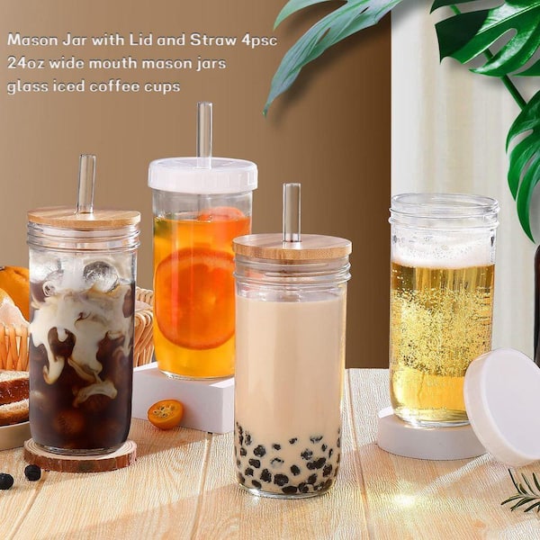 Unbranded 24 oz Clear Glass Cup with Lid and Straw, Transparent Wide Mouth  Mason Jar, Reusable Drinking Glass, Set of 4 29ESA05655