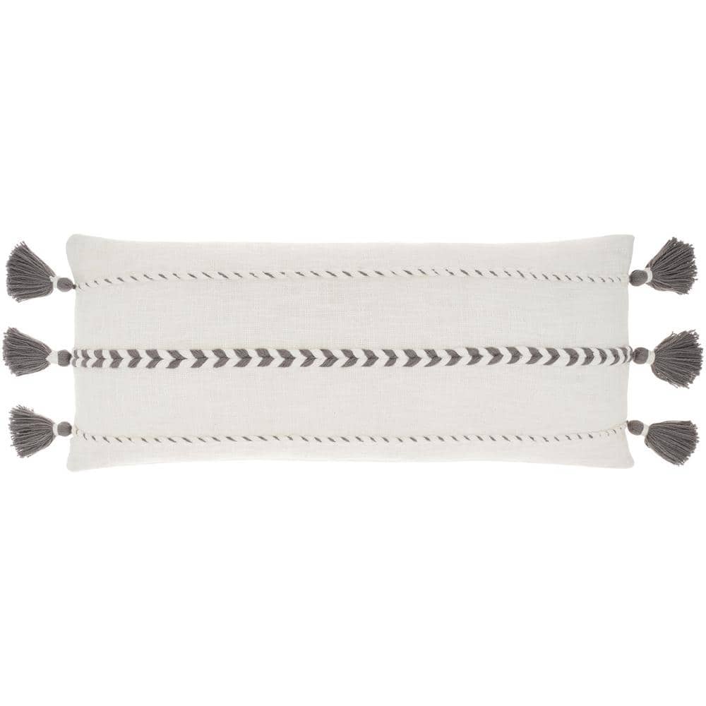 Gray and White Cotton Tassel Lumbar Throw Pillow
