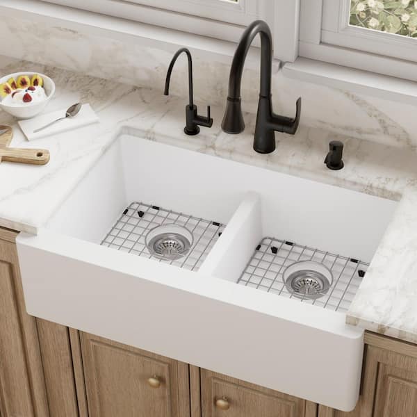 QA-750 Quartz/Granite 34 in. Double Bowl 50/50 Farmhouse/Apron Front Kitchen Sink in White with Grid and Strainer