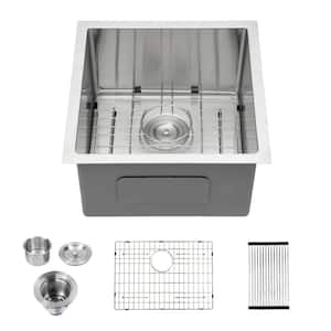 15 in. Undrmount Single Bowl 16-Gague Stainless Steel Kitchen Sink with Basket Strainer and Bottom Grid