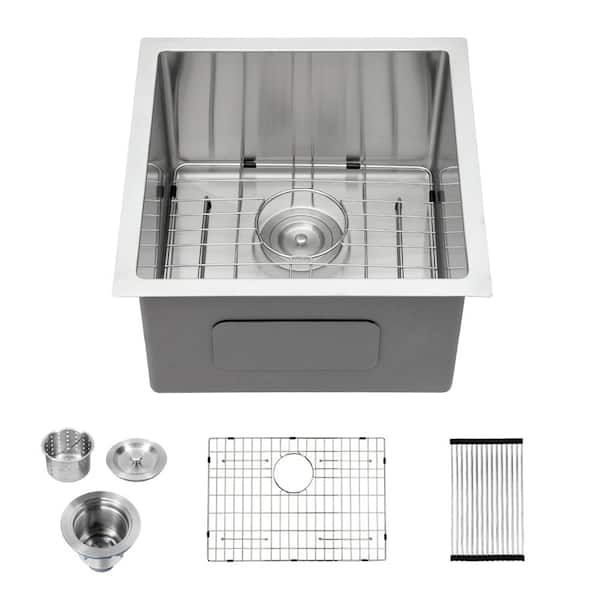 LORDEAR 15 in. Undrmount Single Bowl 16-Gague Stainless Steel Kitchen Sink with Basket Strainer and Bottom Grid