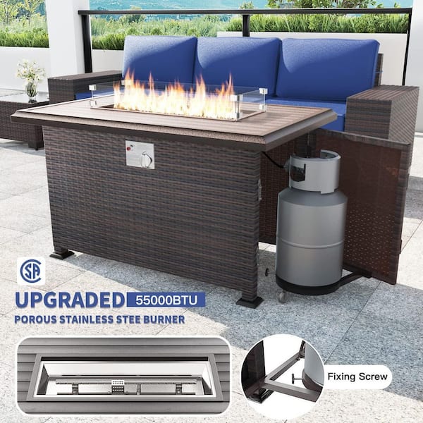 7-Piece Wicker Patio Conversation Set with 55000 BTU Gas Fire Pit Table and Glass Coffee Table and Navy Blue Cushions
